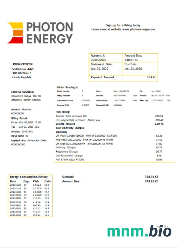 Czech Republic Photon Energy rachunek za media